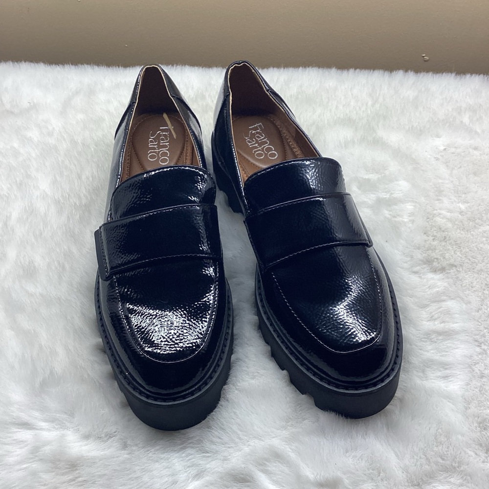 Franco Sarto Black Patent Leather Platform Loafers